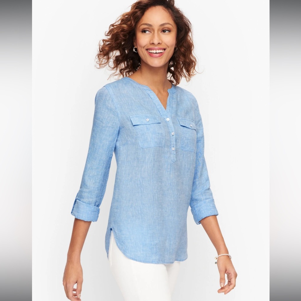 NEW Talbots blue linen top/ blouse with buttons